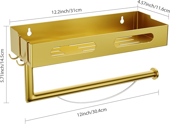 Paper Towel Holder Wall Mount for Kitchen, Paper Towel Holder with Shelf for Bathroom, RV Paper Towel Rack with 2 Hooks, Gold
