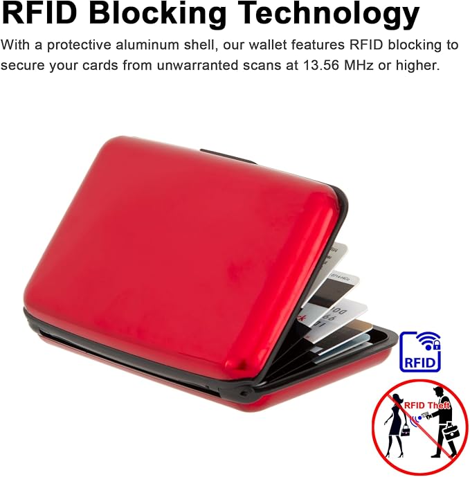 Credit Card Holder, RFID Blocking Metal Card Wallet for Women Men Slim ID Card Holders Protector Aluminum Business Hard Case (Red)