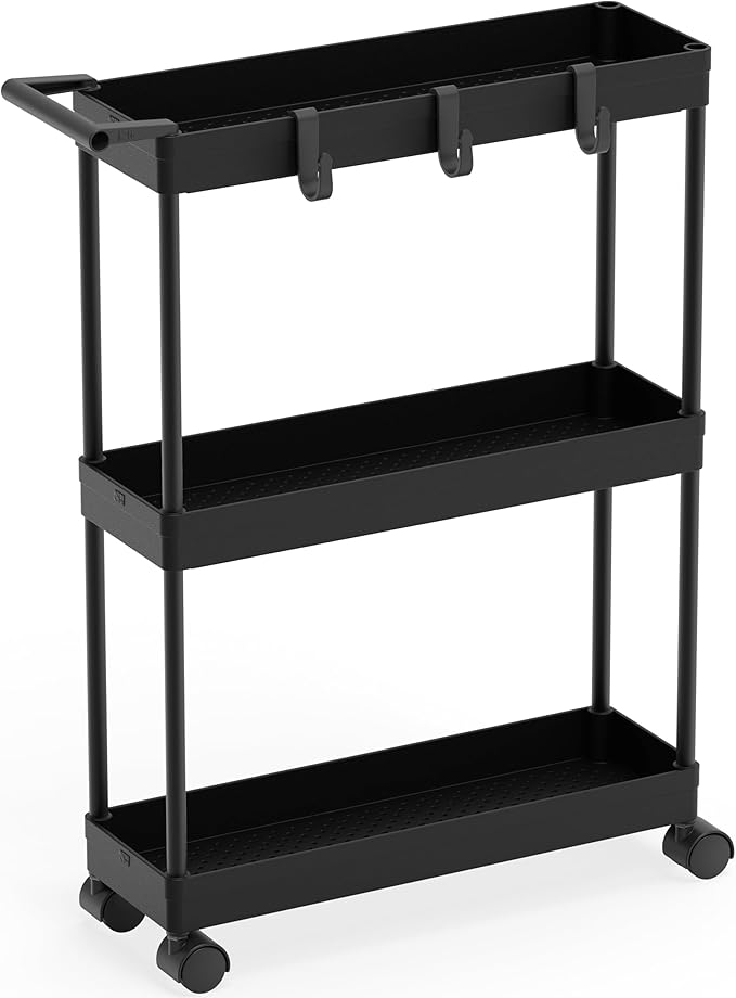Simple Houseware 3-Tier Slim Rolling Cart w/Handle 5.5" Wx27.5 H, Black | Storage Cart for Narrow Space (5.5-Inch Wide) Kitchen, Bathroom, Laundry Room
