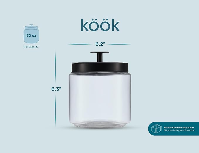 KooK Glass Kitchen Canister Set, Food & Storage Containers for Pantry, Bathroom Apothecary Jars, Tinplate tight Lids, Counter Organizers, 50 oz, Black, Set of 2