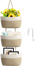 TeoKJ Over the Door Hanging Basket, 3-Tier Woven Cotton Wall-Mounted Storage Organizer Bag Decorative Hanging Nursery Baskets, White & Jute
