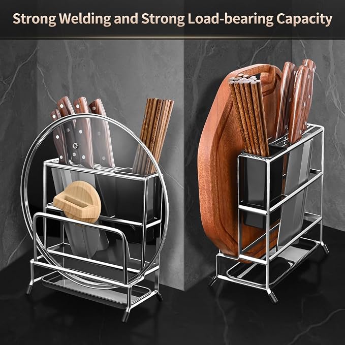 Multifunctional Cutting Board Organizer, Pot Lid Organizer, 18/8 Stainless Steel Kitchen Storage Rack for Lids, Boards, Knife, Spoon and Shovel, Knife Block Holder with Drain Tray