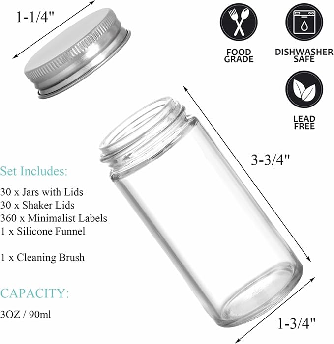 Tebery 30 Pack Round Spice Bottles Jars with Silver Lids, 3oz Empty Glass Spice Containers Shakers Complete Organizer Set Includes Shaker Lids, Wide Funnel, Labels and Cleaning Brush
