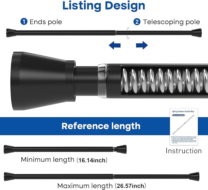Black Tension rod 16 to 26 Inch Spring Curtain Rods No Drilling Small Rods Adjustable Tension Curtain Rod Expandable Pressure Spring Rod for Doorway,Kitchen