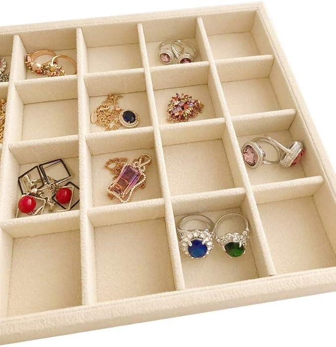 Premium Grade Beige Velvet Jewelry Organization Tray 24 Grids Removable and Rearrangeable Dividers Drawer Insert Closet Organizer Stackable