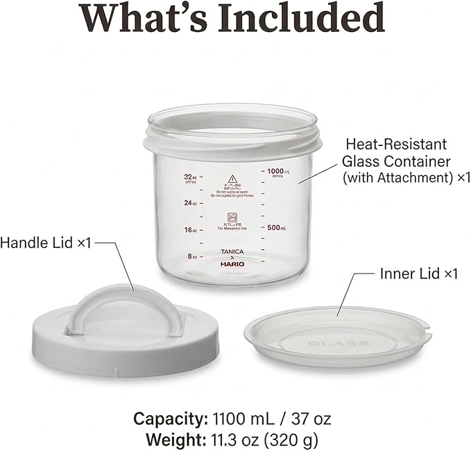TANICA] Glass Pot for YOGURTiA Yogurt Maker - 1100 mL / 37 oz Heat-Resistant Glass Container with Handle Lid & Inner Lid - Microwave, Dishwasher & Refrigerator Safe - Made in Japan