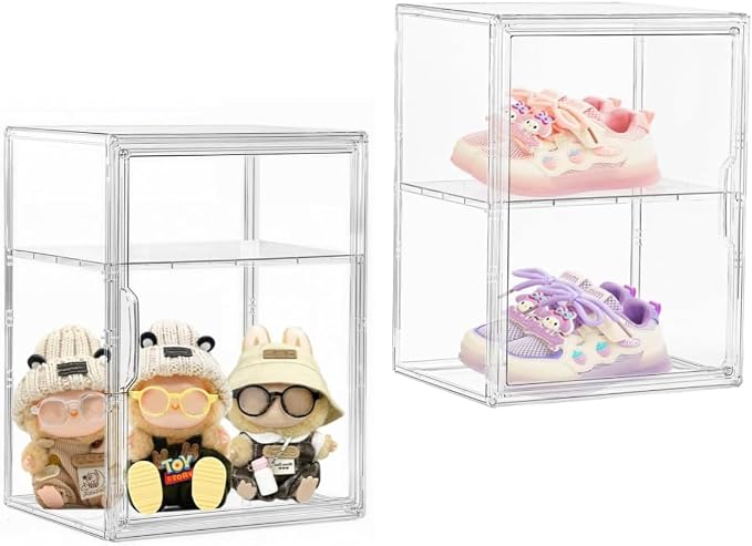 Attelite Shoe Storage Clear Shoe Organizer Boxes With 1 Adjustable Divider, Acrylic Sneaker Shoe Display Case With Magnetic Door,Clear Plastic Stackable Storage Bins With Lids,2 Pack