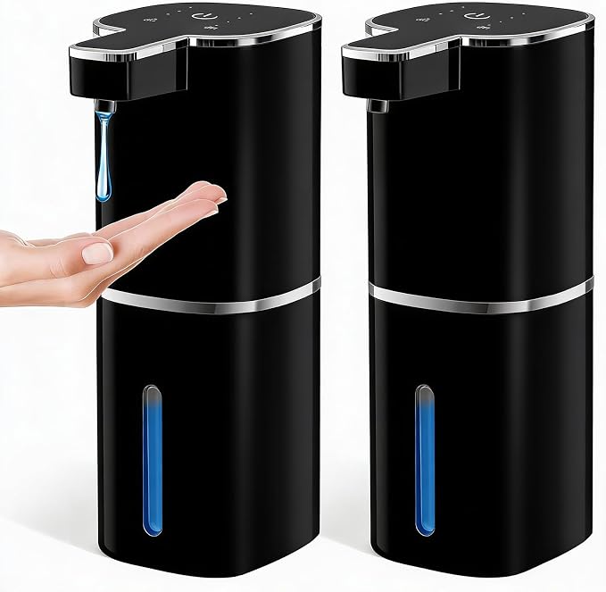 RYTOXILO Automatic Soap Dispenser Touchless, 2 Pack Black Auto Soap Dispensers for Bathroom and Kitchen, 15 Fl Oz Plastic Electric Dish Liquid Dispensers Wall Mount with 1200 mAh Battery