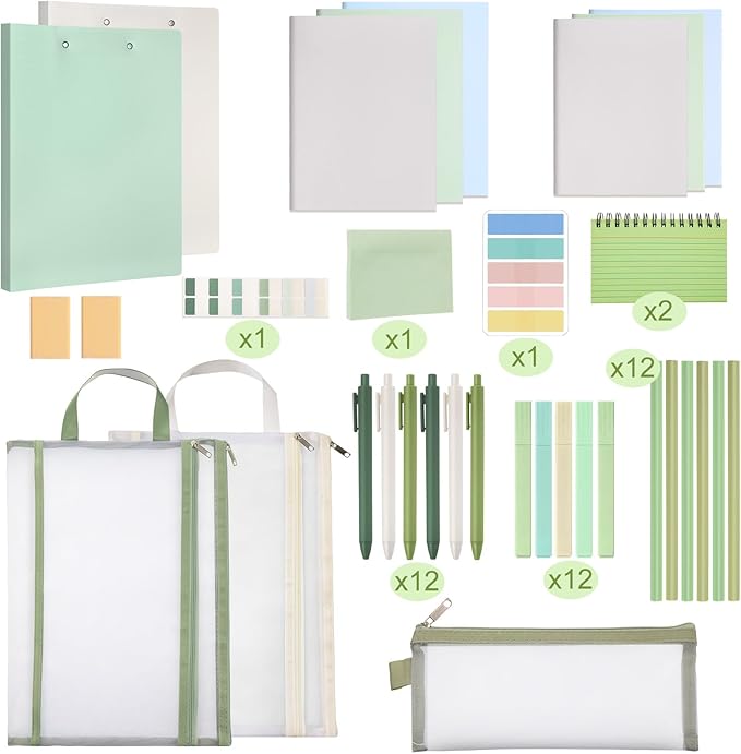 Colarr 54 Pcs Cute Notebook Stationery Set for Women, Bible Study Supplies, 6 Lined Notebooks, 36 Pens, Sticky Notes & Tabs, Bags & Folders for Work Journal Study College Office Supply(Green)