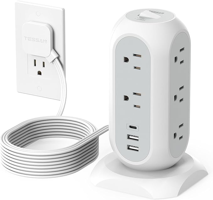 TESSAN Tower Power Strip Flat Plug with 1050J Surge Protection, 10 Ft, Grey | 11 Outlets 3 USB (1 USB C), Surge Protector Power Tower, Extension Cord with Multiple Outlets, Dorm, Office Desk Supplies