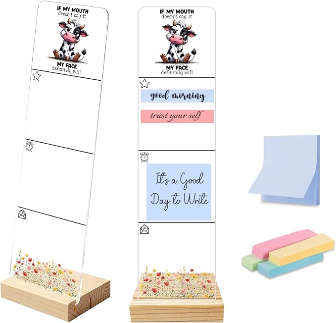 Sticky Note Holder, Monitor Memo Board, Acrylic Post It Note Holder with Wooden Base, Includes 200 Notes, Desk Organizer, Funny Cow Quote “If My Mouth Doesn’t Say It”