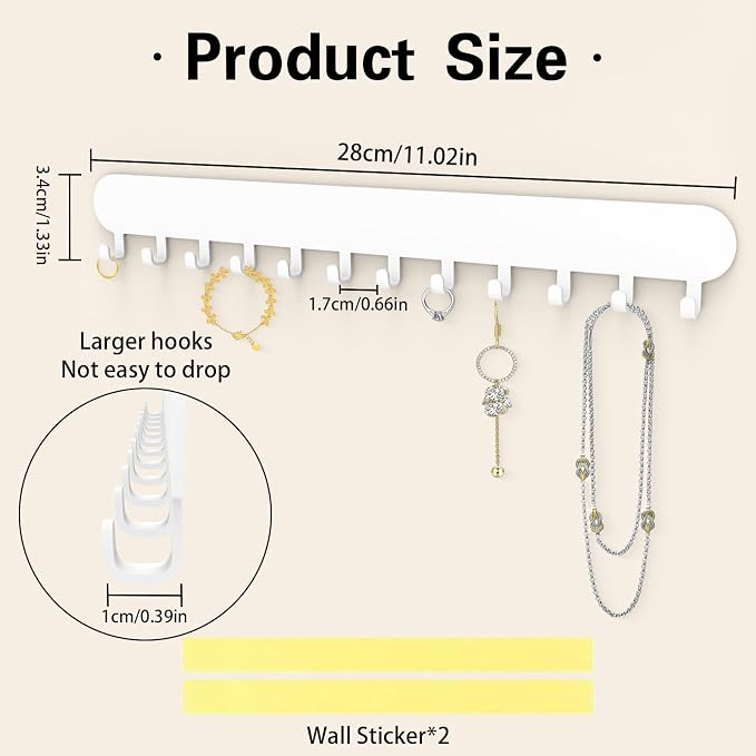 Necklace Holder - Wall Hanging Jewelry Organizer | Self-Adhesive Wall Mounted for Necklaces, Bracelets, 2 Pack, White