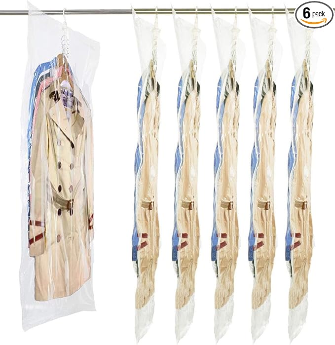 Elebac 6 Long Hanging Vacuum Storage Bags for Clothes, Vacuum Sealer Space Bags for Coat, Jumbo Clothes Protector Compression Bags for Closet Garment
