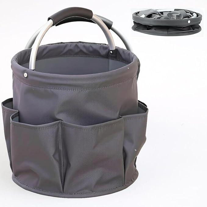 17L Foldable Cleaning Caddy with Handle, Cleaning Supplies Organizer Storage Basket with 6 Side Pockets, Portable Multi Cleaning Bucket Bag for Home Garden Bathroom Camping (Dark Grey)