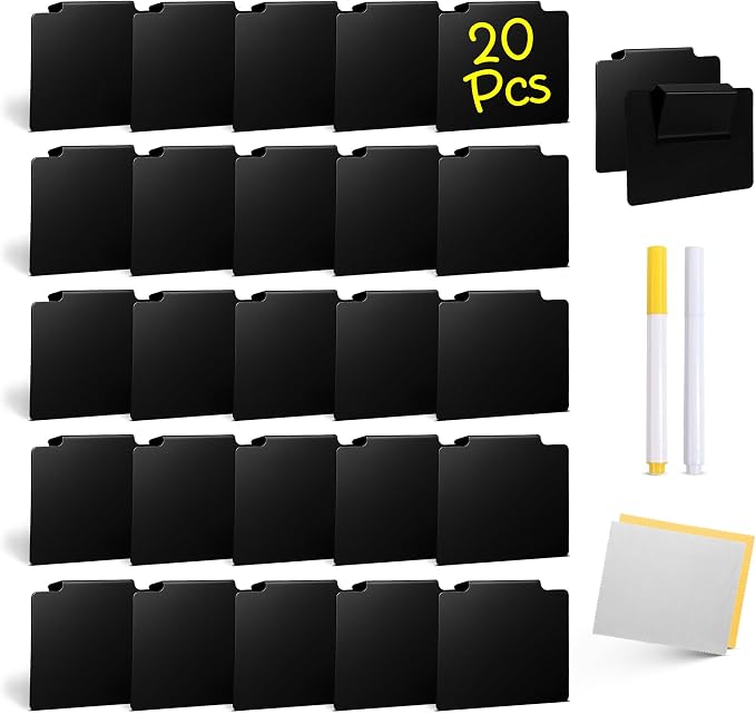20 Pcs Basket Labels Clip on for Pantry Organization and Storage bin Labels with 2 Markers and 2 Wipe Cloths Reusable Chalk Basket Labels - Black Bin Labels Clip on Chalkboard Basket Tags