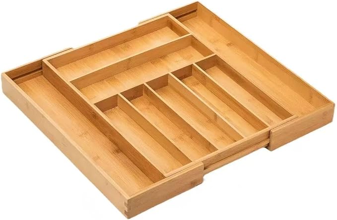 FUSHITON Expandable Bamboo Knife Storage Box, 9 Compartments, Adjustable Drawer Divider for Kitchen