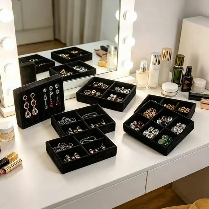 Small 8-Piece Velvet Jewelry Drawer Organizer Inserts Stackable Trays | 4.8in velvet trays with removable dividers, fits jewelry boxes & narrow drawers, stackable for earrings rings makeup storage