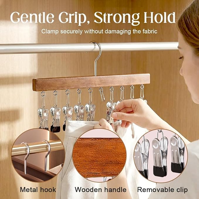 10/12-Clip Wooden Hanging Organizer, Sturdy Rack for Pants, Leggings, Socks, Hats, Scarves, Multi-Purpose Closet Storage for Home Use (2, Retro 12clip)
