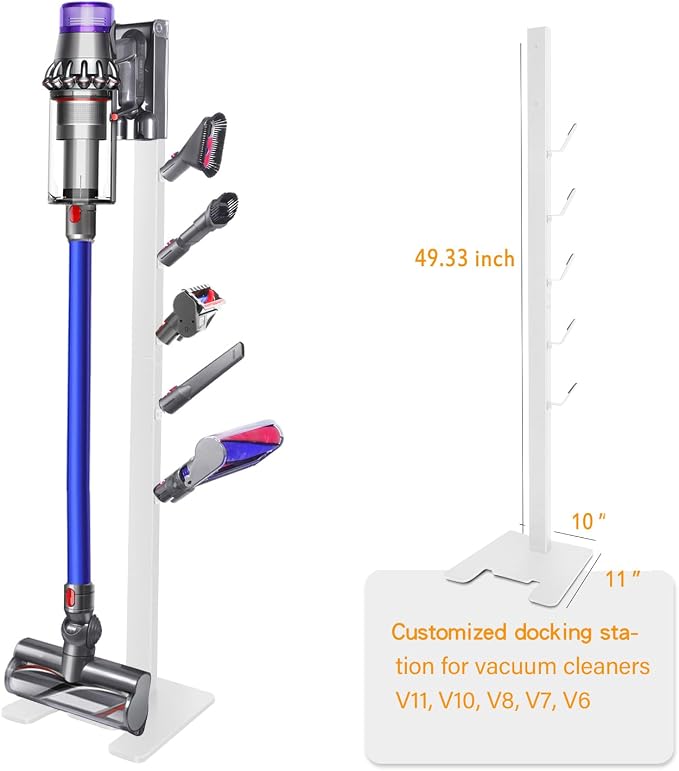 XIGOO Dyson Vacuum Stand with 5 Hooks, White | Compatible with V15 Detect V11 V10 V8 V7 V6 Cordless Vacuum Cleaners & Accessories, Stable Metal Bracket Organizer Rack