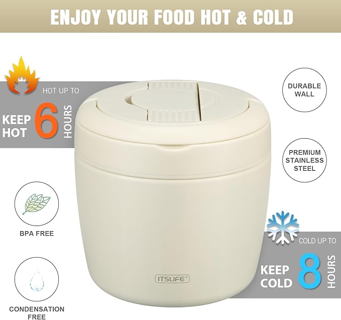 Itslife 32oz Insulated Soup Thermo, Vacuum Stainless Steel Food Jar for Hot & Cold Food, Leakproof Wide Mouth Lunch Container with Spoon, White