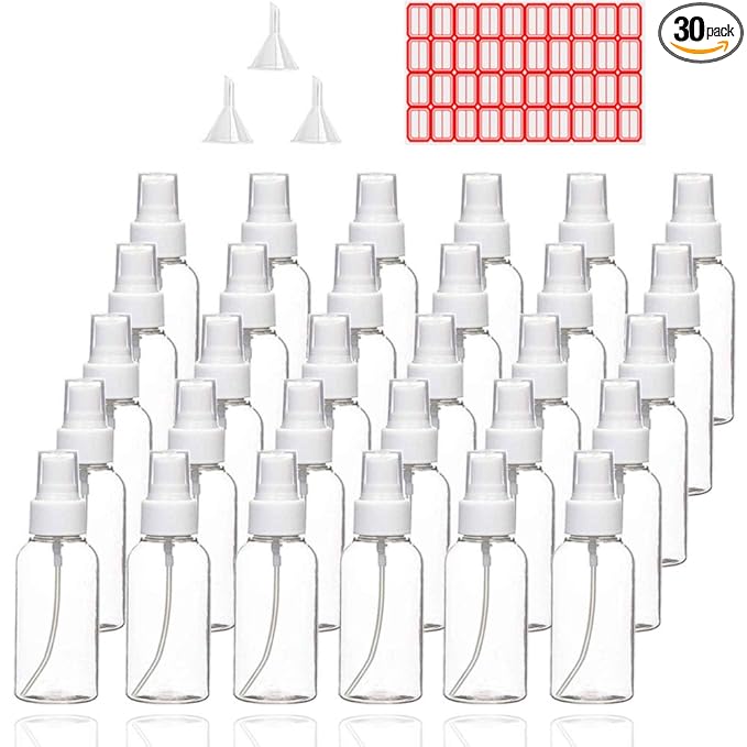 Spray Bottles, 30 Pack 30ml 1oz Clear Empty Fine Mist Plastic Mini Travel Bottle Set, Small Refillable Liquid Containers