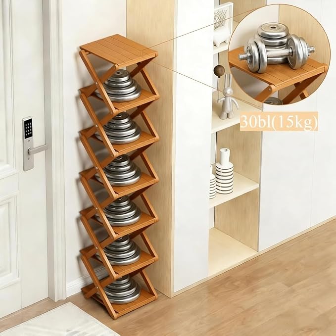 Bamboo Shoe Rack - No Assembly Required, Tall Narrow Foldable Shoe Organizer, Space-Saving Multifunctional Shelf for Entryways, Corners, Bedrooms, Balconies, 7 Layer Brown (Reinforced And Thickened )