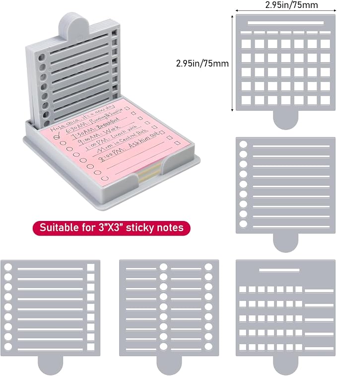 Sticky Note Holder with 5 Different Stencil | 3x3 Sticky Note Line Stencil and Holder, Sticky Note Stencil Perfect for to-Do Lists Office, Grey Acrylic Post It Note Holder