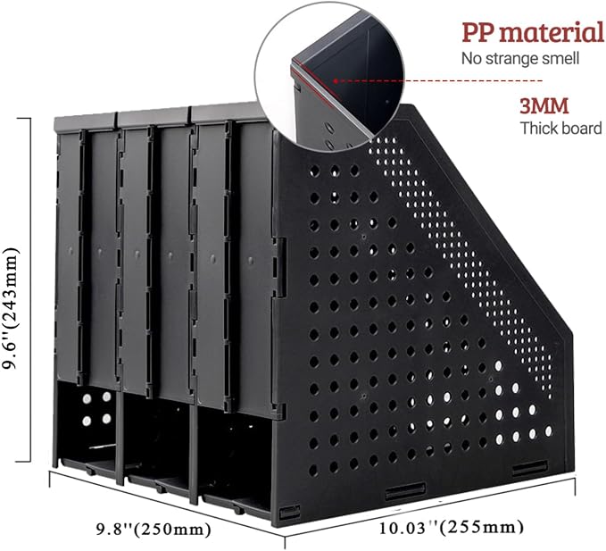 Marte Vanci Collapsible 3 Compartment Magazine Holder Desktop Organiser Adjustable Sturdy File Dividers Document Cabinet Rack Display (2 Pcs Black)