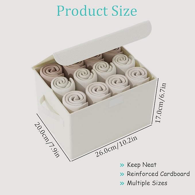 Storage Bin with Lid, Closet Boxes, 2 Pack, Beige, 10.2x7.9x6.7 In | Fabric Organizers System with Cover, Collapsible Stackable Clothes Basket with 2 Handles, for Kitchen Cupboards, TV Consoles
