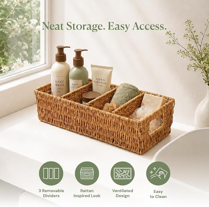 Nature-Inspired Rattan Pantry Organizer Baskets Set of 2 with 3 Removable Dividers – Handwoven Storage Bins for Kitchen or Bathroom Organization, Ideal for Snacks, Coffee & Tea (13” x 7.3” x 3.7”)
