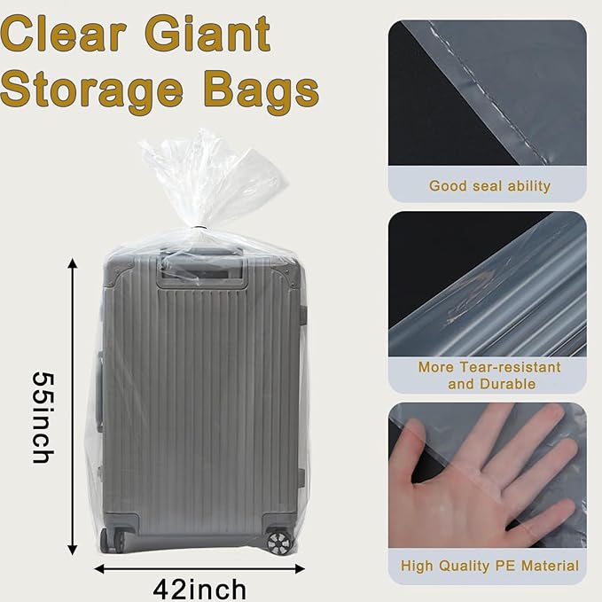 4 Pcs 45x65 inches Extra Large Clear Plastic Bags Perfect for Car Seat, Luggage, Suitcase, Stroller, Chair, Kids Bike and Furniture Storage (2 Mil Flat Bags, Include 4 Ties)