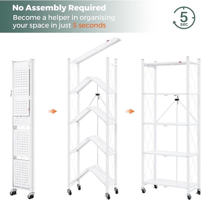 DEANIC 5-Shelf Folding Bookcase with Wheels, Rolling Bookshelf Heavy Duty Storage Shelves, Freestanding Metal Wire Shelving Unit for Living Room, Office, Kitchen, Basement, Pantry (White)