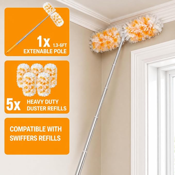 Gelibo 6ft Extendable Duster Handle with 5 Refills,Compatible with Swiffer,360°Rotating Ceiling Fan Dusters with Lock, Heavy Duty Microfiber Dusting Pads for Home Cleaning,Blinds,Hard-to-Reach Areas