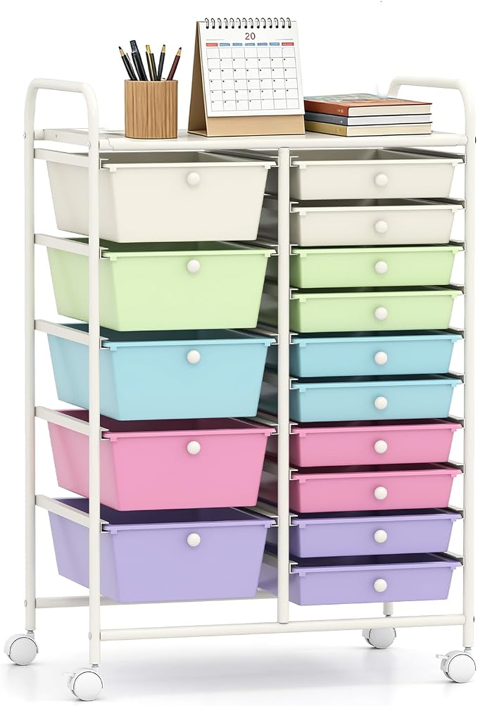 LUARANE Rolling Cart with 15 Drawers, Craft Storage Cart with Portable Handles & Lockable Wheels, Mobile Toys Organizer, Large Capacity Utility Drawer Cart Home Office School Teacher