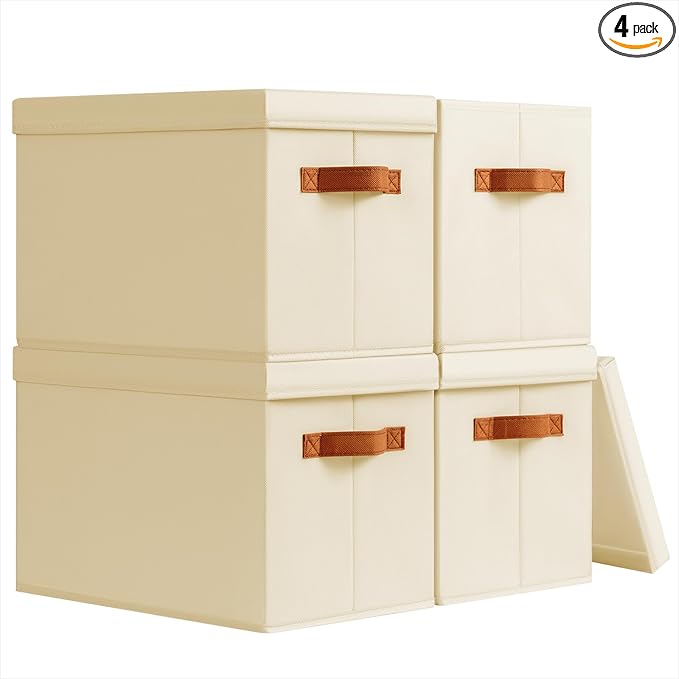 Homsorout Storage Bins with Lids - Fabric Storage Baskets for Shelves, 4 Pack Foldable Decorative Boxes with Handles, Stackable Organizer Bins for Home, Nursery, Dorm, Beige