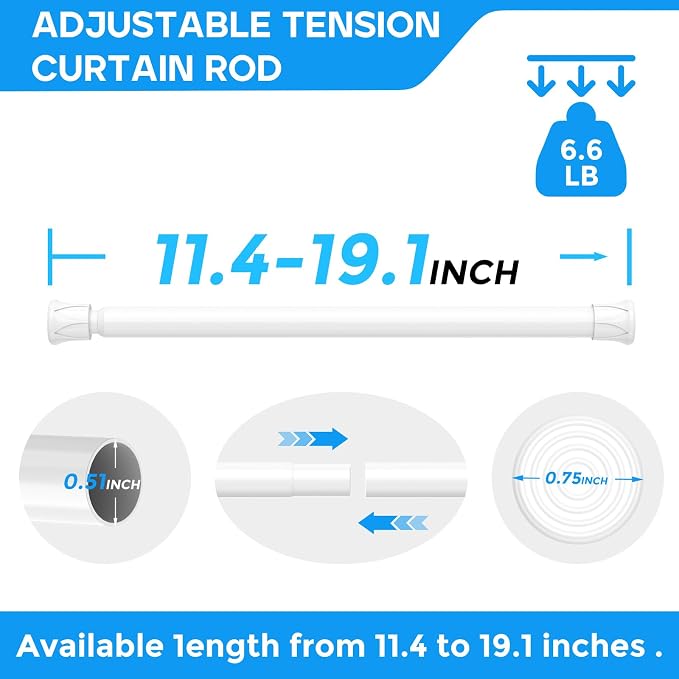 2 Pack White Spring Tension Curtain Rods 12-19 Inches, Spring Loaded Curtain Rods No Drilling, Adjustable Small Tension Rod for Windows, Kitchen, Doorway, Bathroom, Closet
