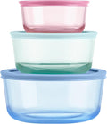 Pyrex Colors (3-Pack, Medium) Tinted Glass Round Food Storage Container Set, Snug Fit Non-Toxic Plastic BPA-Free Lids, Freezer Dishwasher Microwave Safe, 2 Cup, 4 Cup & 7 Cup