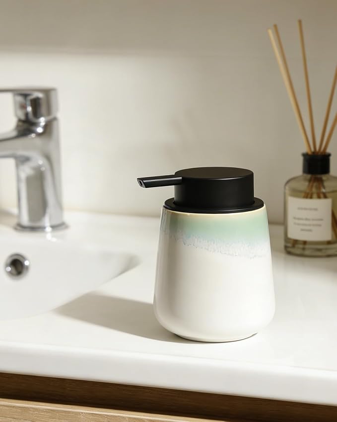 Bosilunlife 12Oz Ceramic Foam Soap Dispenser for Bathroom Kitchen Counter | Premium countertop foam pump creates delicate dense foam, stable desktop placement, Blue-Green Rim
