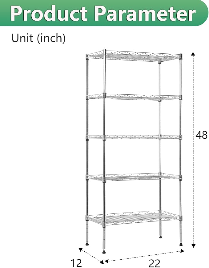 BestOffice | 5-Tier Wire Storage Shelves | 22x12x48 | Chrome | with Adjustable Racks | Heavy-Duty Metal Shelf, Holds Upto 750 lbs | No-Tool Assembly | Ideal for Home & Garage Shelving