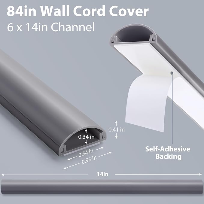 ZhiYo 85in Cord Covers for 1-2 Wires on Wall, D-Shaped 1" W x 0.4" H, Grey | Curved Design, Low-Profile Cord Hider, Self-Adhesive Cable Management Raceway for Wall-Mounted TV Wires, 6 Pack (14.2" Each)