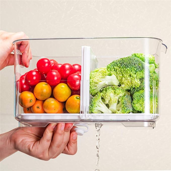 Slideep Food Storage Containers, 2 Tier Stackable Fridge Produce Saver with Lids, Removable Drain Tray Drawers Refrigerator Produce Keeper with Strainer for Veggie, Berry, Fruits, Vegetables 4 Pack