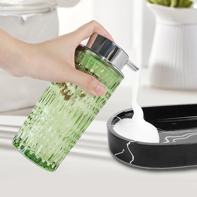 Foam Soap Dispenser, Glass Foaming Hand Soap Dispenser with Pump, 14 Oz Bathroom Refillable Liquid Lotion Pump Bottle Container for Kitchen Countertop Decor (1, Green Silver)