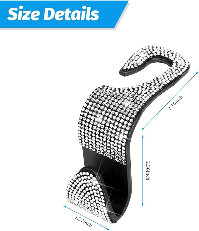 Zpana 4PCS Bling Car Seat Headrest Hooks, Vehicle Back Seat Purse Handbag Hanging Holder with Crystal Rhinestone, Diamond Storage Organizer Hook, Universal Automotive Accessories (Black/White)