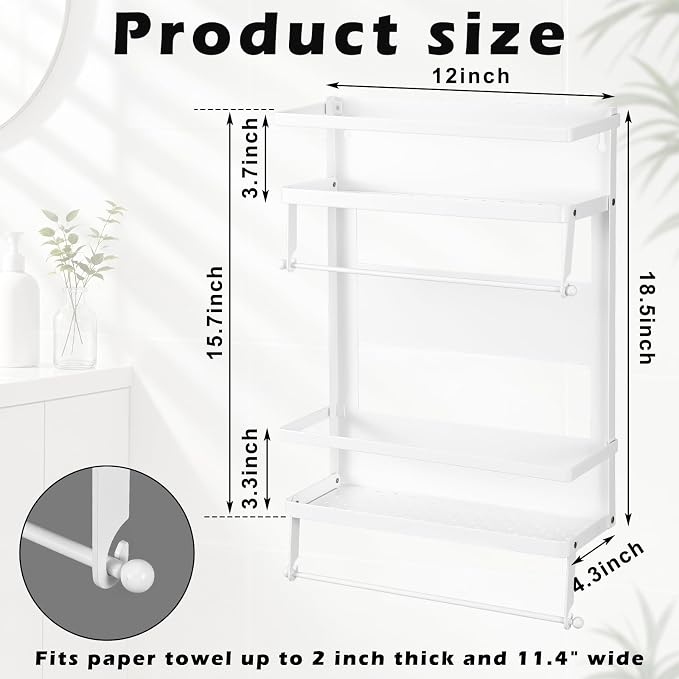 Vercraft Magnetic Dorm Fridge Organizer Heavy Duty Metal 66lbs over Dorm Fridge Shelf Essentials Side of Fridges Paper Towel Holder with Storage Shelf Hooks Magnetic Spice Rack for Room Kitchen(White)