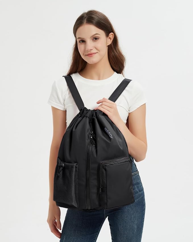 WANDF Drawstring Backpack with Shoe Compartment, Sports Gym Bag | Multi-Pocket Storage, Water-Resistant Fabric, Cinch String Bag