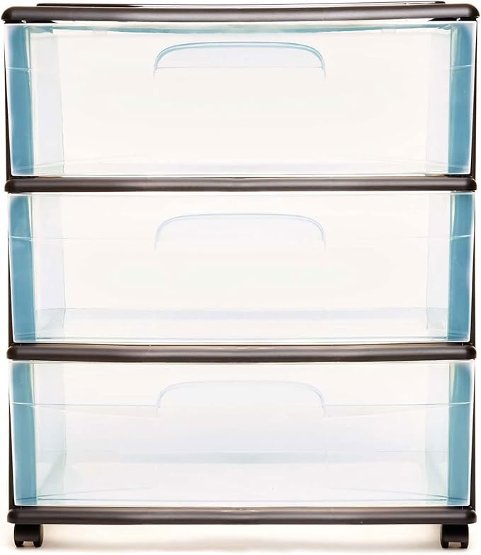HOMZ Drawer Tower, 3-Tier Wide Clear Plastic Storage Organizer Cart, Black Frame - Organizing Containers with Wheels for Home, Bathroom, Bedroom, Office, and Classroom