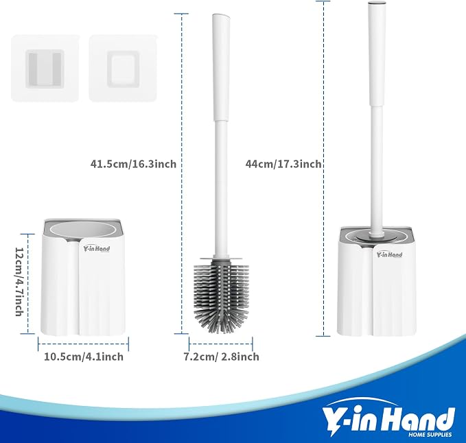 Y-in Hand 2 Pack Silicone Toilet Brush, Soft Toilet Bowl Brush Set for Deep Cleaning. Bathroom RV Accessories with Long Handle, Wall mountable. - White
