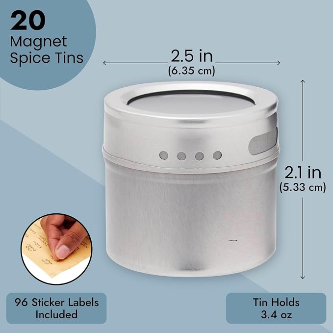 Juvale 20-Pack Magnetic Spice Jars - Space-Saving & Magnetic Spice Rack for Refrigerator - Preprinted Labels & Seasoning Containers - Pack of 20, 3.4 fl oz