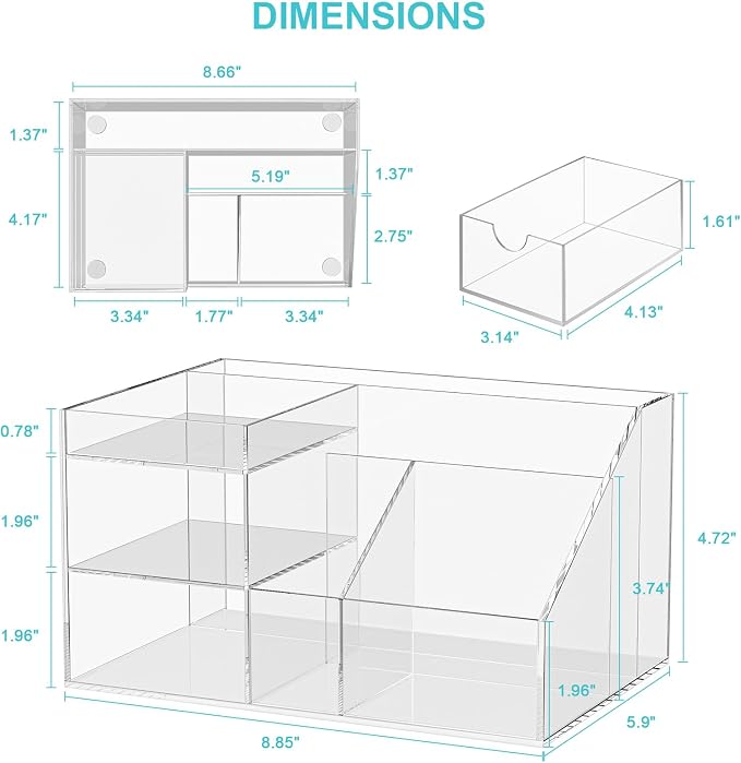 VITVITI Acrylic Desk Organizer, Clear Pencil Organizer for Desk, Multifunctional Desktop Stationary Pen Organizer, 8 Compartment Storage with Drawer, for Office/A4 Paper/Art Supply