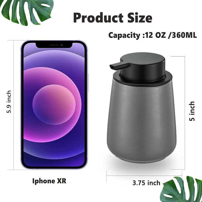12Oz Grey Foaming Soap Dispenser - Ceramic Foam Hand Soap Dispenser with Easy-to-Press Black Pump, Refillable Bathroom Lotion Soap Dispenser, Dish Soap Dispenser for Kitchen Hand Wash Dispenser
